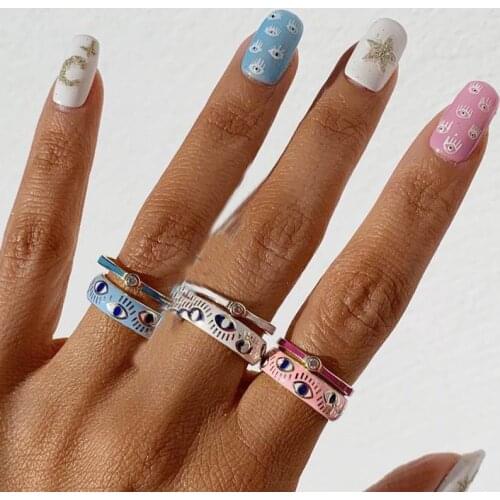 2021 New Gold Color Pink Enamel Blue Turkish Evil Eye Finger Band Ring Boho Bohemia Lovely Eyes Rings Fashion Women Jewelry