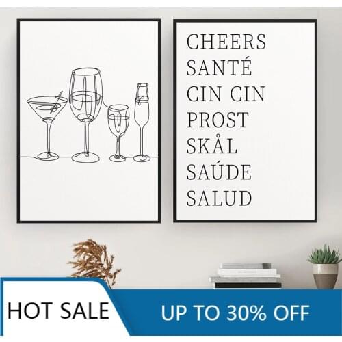 Glases One Line Art Print Bar Cart Kitchen Room Decor Drawing Wall Art Canvas Painting Cheer Drinks Poster Modular Wall Decor