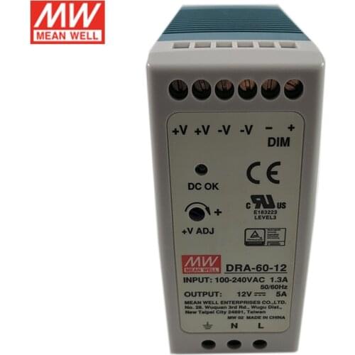 Original MEAN WELL DRA-60-12 60W 12V Constant Current Adjustable DIN Rail Power Supply 110V/220V AC to 12V DC 5A Meanwell Module