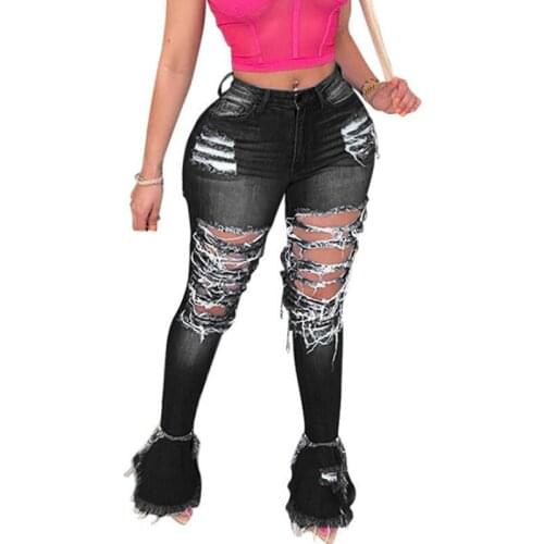 Autumn Woman Flare Pants Fashion High Waist Skinny Ripped Black Jeans Women Sexy Hollow Out Tassel Distressed Jeans Streetwear