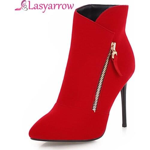 Lasyarrow Sexy Womens Boots Black Red Nubuck Leather Shoes Woman Pointed Toe Stiletto Boots Thin High Heels Botas Feminina F419