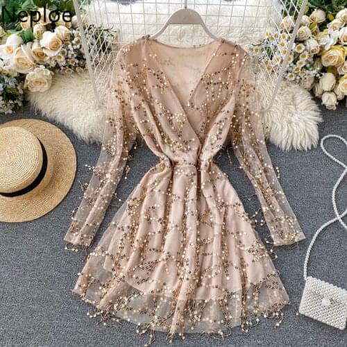 Neploe V Neck Tassel Sequined Patchwork Long Sleeve Dress High Waist Hip Slim A Line Vestido Autumn Spring Sexy Party Ropa 48650