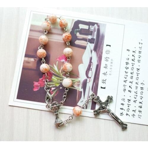 QIGO Religious Cross Rosary Bracelet For Women Glass Strand Bracelets