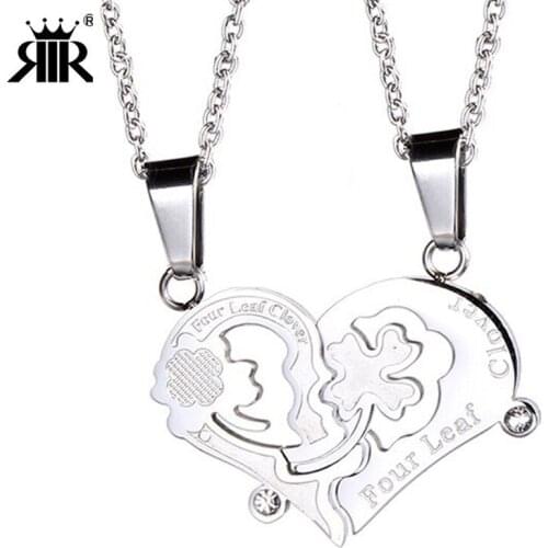 RIR Two Halves Heart Necklace Stainless Steel Heart Shape Four Leaf Clover Couple Pendants Best Friends Necklaces For 2