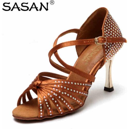 Sports shoes Ballroom Latin Dance Shoes For Woman Girl Soft Bottom Have Drill SASAN S-125 Import Satin 8.5cm gold Heel Black