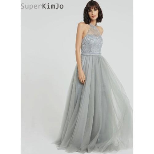 SuperKimJo Halter Beaded Prom Dresses 2019 Vestido De Formatura Longo Backless Sexy Grey Prom Gown Dress Elegant