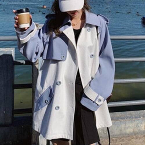 Mid-length Trench Coat Women 2021 Spring Autumn New Korean Fashion Loose All-Match Splicing Casual Windbreaker Overcoat Femme