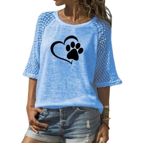 New Arrival Lace Crew Neck T-Shirt DOG PAW Animal Print T-Shirt For Women Plus Size Women Cotton Off The Shoulder Tops Summer