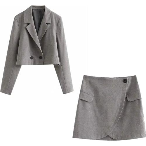XIKOM Women Two-piece Set Vintage Solid Office Lady Double Breasted Short Blazer Female Casual Slim High Waist Skirt Suit