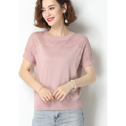 Summer New Knitting Sweater Women O Neck Thin Solid Loose Casual Knit Floral Hollow Out Pullover Short Sleeve Knitted Sweater