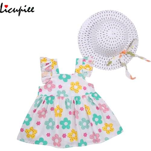 0-3 Years Baby Girl Dresses Kids Dress with Cap, Girls Flower Print Square Neck Fly Sleeve + Bucket Hat for Summer