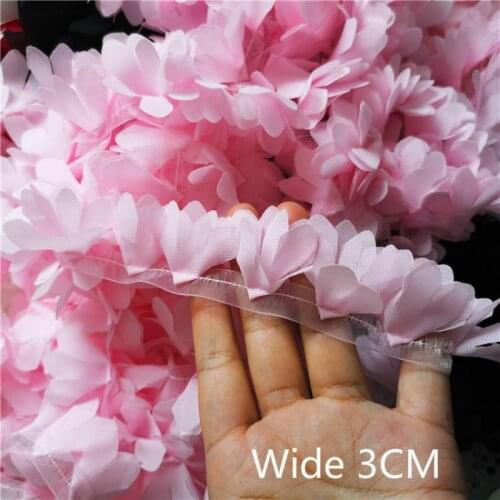 3cm Wide Pink 3d Chiffon Flowers Ruffle Trim Ribbon Organza Dress Collar Embroidery Lace Applique For Diy Sewing Supply Guipure