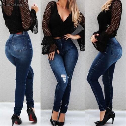 New Women Fashion Casual Denim Skinny Trousers High Waist Jeans Destroyed Knee Holes Pencil Jeans Pants Stretch Ripped Mom Jeans