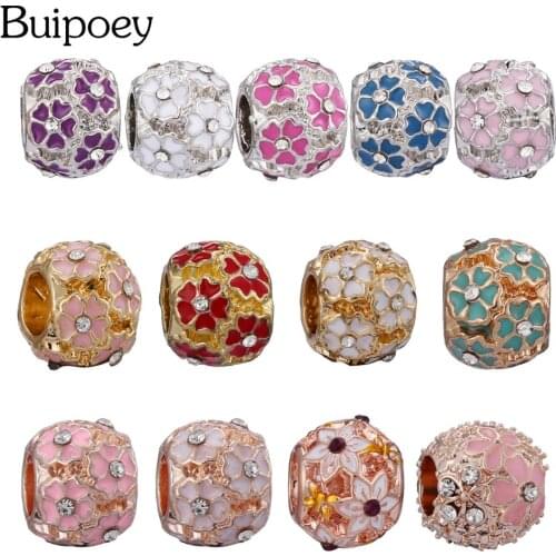 Buipoey 2pcs/lot Flower Beaded Purple Red Blue Flower Beads Cherry Blossom Charm Fit Brands Bracelets Diy Women Jewelry Making