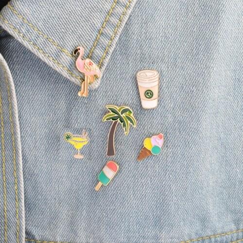 Enamel Coco flamingo coffee cup ice cream tea creative brooch badge denim Shirt pin buckle shirt badge gifts jewelry to a friend