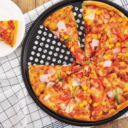 Large Black Carbon Steel Pizza Pan With Holes Baking Tray Mesh Pizza Mold Oven Bakeware Pizza Stone Baking Tool Kitchen Tool