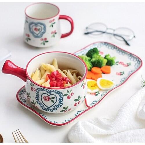 Ceramic plate and bowl breakfast dishes cutlery set one person tableware creative cute cherry breakfast plate oatmeal bowl