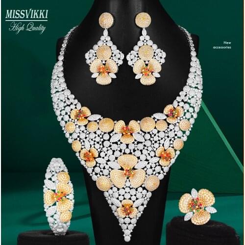 Missvikki Nigerian Dubai Luxury Flower Blossom Big Necklace Bangle Earrings Ring For Women Wedding African Bridal Jewelry Set