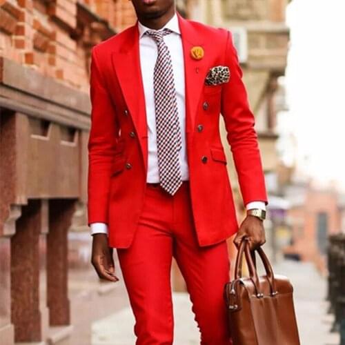 Double Breasted Red Casual Suits for Men with Peaked Lapel 2 piece Prom Wedding Groom Tuxedo Man Fashion Set Jacket with Pants