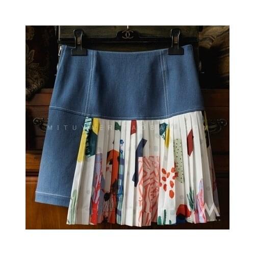 Positive And Negative Asymmetric Printed Stitching Denim 2021 New Womens Skirt