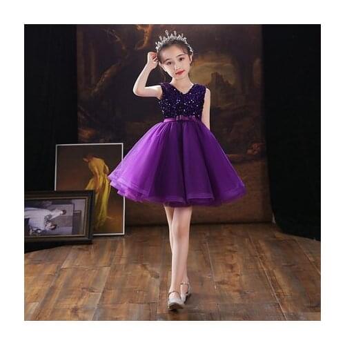 4-6 Years Old Children Girls Purple Short Design Dress Shining Sequins Kids Mother Party Activity 2021 New Arrivals