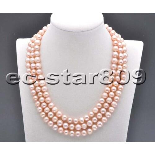 P5902 3Row 18" A Pink Round 9mm Freshwater Cultured Pearl Necklace Women Fine Jewelry