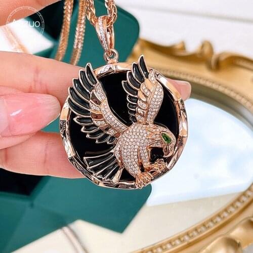 Aazuo Hip Hop 100% Real 18K Rose Gold Real Diamonds 0.65ct Black Agate Eagle Pendent With Chain gifted for Man Luxury Jewelry