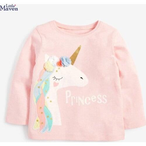 Little Maven New Autumn Spring Kids Pink Lady Pegasus Applique O-neck Full- sleeved Cotton Knitted Girls Casual Tshirts Tops