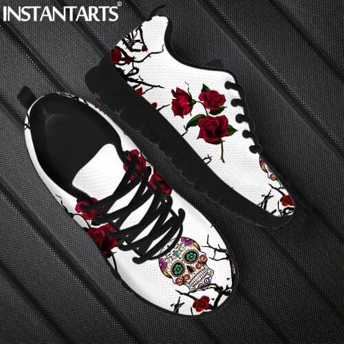 INSTANTARTS Gothic Floral Sugar Skull Pattern Ladies Flat Shoes Breathable Lace up Sneakers Comfort Warm Zapatillas Mujer 2021