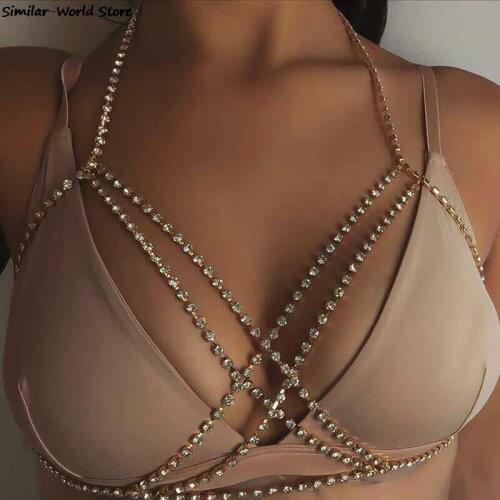 Women Sexy Body Bra Chain Charm Bikini Beach Fashion Jewelry Shining Full Rhinestone Cross Chest Chain