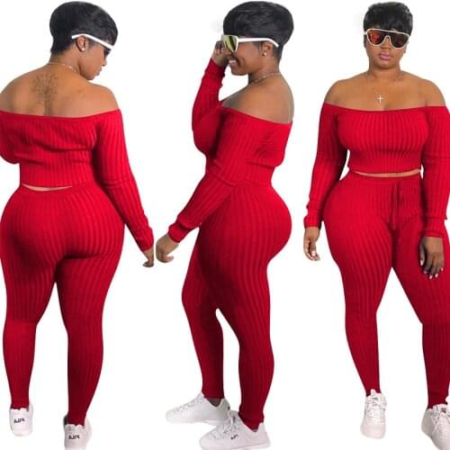 Lounge wear Knit Rib Tracksuit Women Sexy Off Shoulder Long Sleeve Crop Top + Leggings Bodycon Two Piece Set Outfits for Women