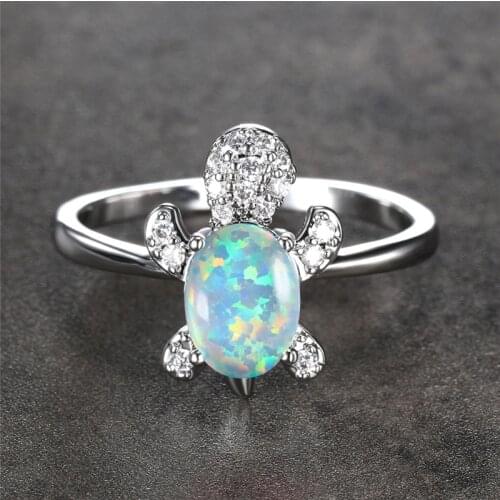 Female Cute Small Turtle Ring White Blue Green Opal Oval Stone Ring Vintage Silver Color Wedding Rings For Women Animal Jewelry