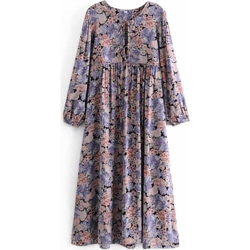 Womens Dress Bohemian Elegent Style for Summer Holiday with Printed Flora Tassels and Long Sleeves Viscose Fabric