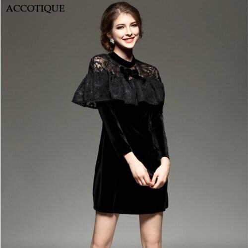 High Quality Womens Spring Autumn Mesh Hollow Out Short Dress Lady Black Velvet Embroidery Ruffles Elegant Party Dresses