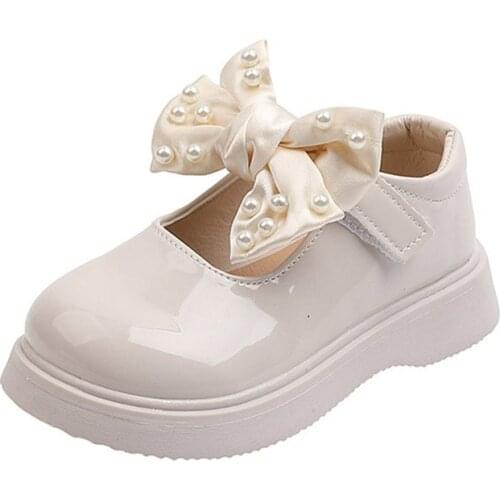 2021 Girls Shoes Bow Pearl Leather Shoes Autumn Winter Princess Single Shoes Comfortable Childrens Footwears Casual Solid Flat