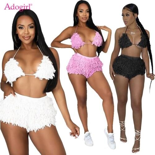 Adogirl Women Sexy Fluffy Two Piece Set Basic Underwear Casual Suit Lace Up Bra Elastic Waist Shorts Fashion Clubwear Outfits