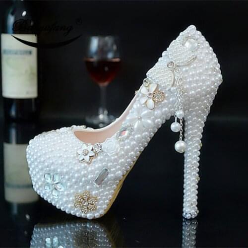 Baoyafang 2020 New arrival Womens wedding shoes Bride white pearl Bow Bridal party dress shoes Woman High heels platform shoe