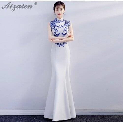 White Mermaid Slim Cheongsam Modern Host Elegant Long Gown Qi Pao Women Chinese Evening Dress Qipao Promotion Party Dresses