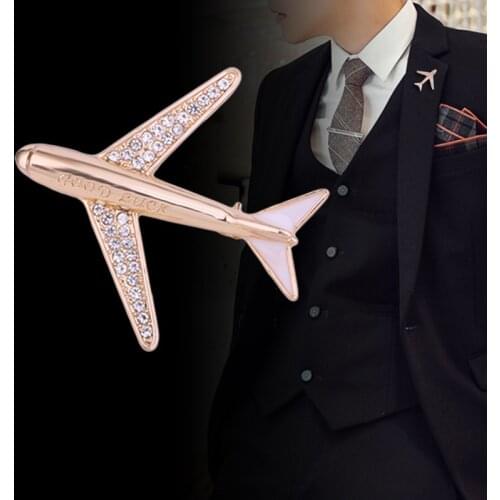 New Crystal Rhinestone Airplane Brooch Pin Metal Aircraft Lapel Pins and Brooches Mens Suit Shirt Collar Jewelry Accessories