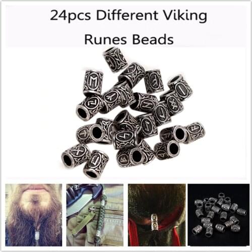 24pcs Viking Runes Beads DIY Accessory Charms Beads Findings for Bracelets for Pendant Necklace Beard or Hair Vikings Rune Kits