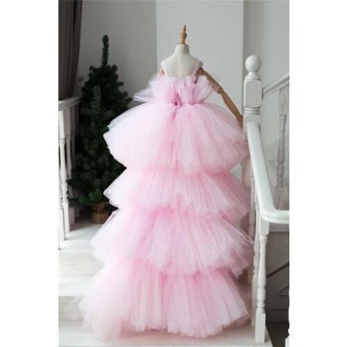 Pink Sweet Flower Girls Dresses Tiered Long Train Children Birthday Party Dresses Girls Pageant Dresses High Low Gowns Custom