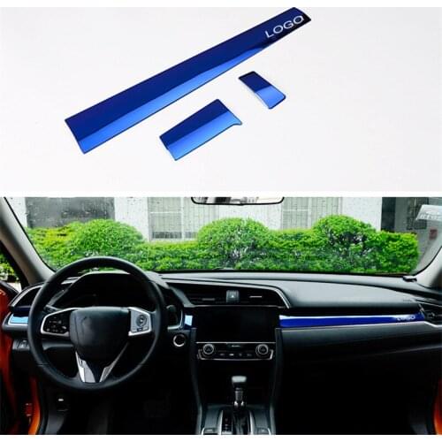 For Honda Civic 2016-2017 3Pcs Stainless Steel Color Car Interior Front Center Control Dashboard Stripe Cover Trim