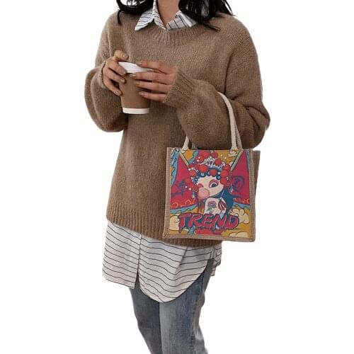 8 Styles Canvas Storage Bag Ladies Ethnic Style Square Handbag Girls Cartoon Animal Plant Printing Casual Shopping Lunch Bag