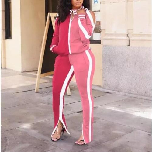 Imcute Sexy Hollow Out Shoulder Women Spring Autumn Patchwork 2 Piece Sets Long Sleeve Zipper Stand Collar Coat Long Trouser New