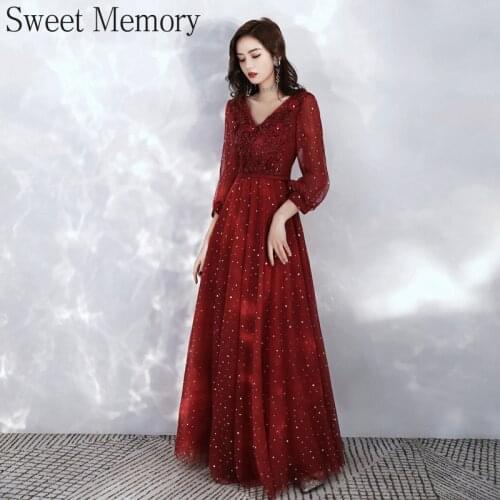 J1130 Sweet Memory Wine Red Long Sleeve Evening Dress 2021 Vestidos Appliques Flowers Lace Up Mesh Robe De Soiree De Mariage