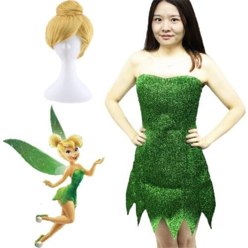 Halloween Costume Pixie Fairy Cosplay Costume Tinker Bell Green adult Dress Tinkerbell Party Sexy Cosplay Mini Dresses With Wig