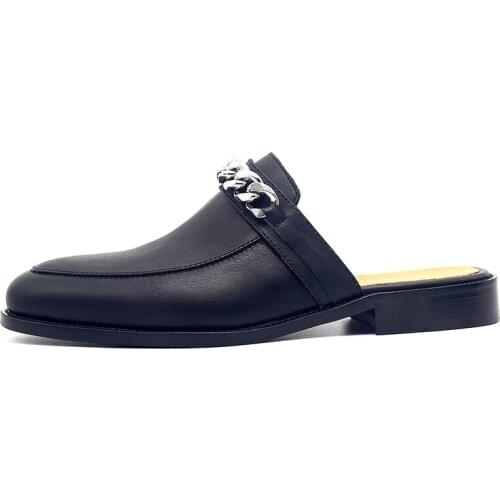 Handmade leather slippers cowhide large metal chain closed toe drag lazy Muller shoes male