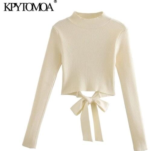 KPYTOMOA Women 2021 Fashion With Bow Tied Cropped Knitted Sweater Vintage Long Sleeve Backless Female Pullovers Chic Tops