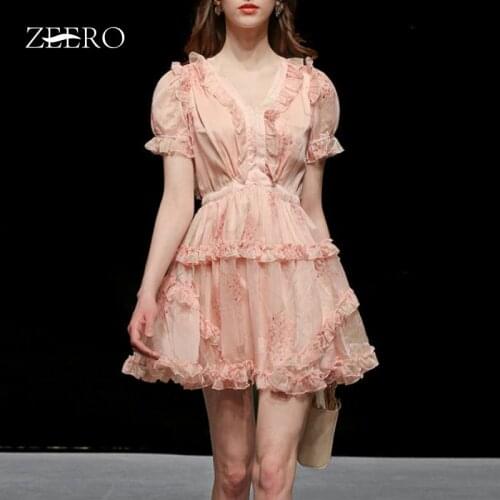 Summer Women Sexy V Neck Puff Sleeve Runway Mini Dress Elegant Female Vintage Chiffon Patchwork Ruffles Party Dresses Vestidos