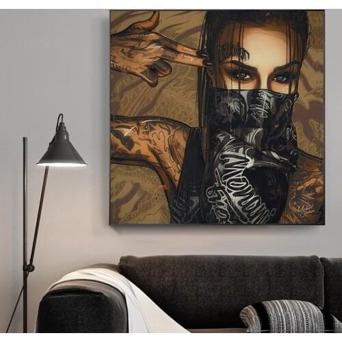 Wearing Mask Tattoo Girl Portrait Oil Painting Posters and Prints on Canvas Wall Art Picture for Living Room Cuadros Home Decor